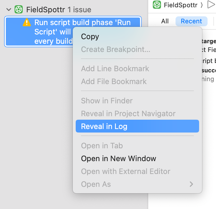 A screenshot from Xcode of a dropdown menu highlighting "Reveal in Log"